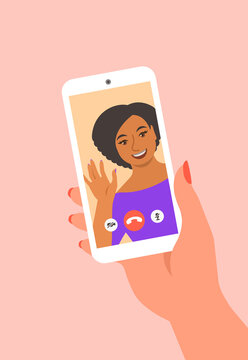 Online Video Call By Smartphone. Black Girl Says Hi To Her Friend Virtually In Mobile Social Media App. Flat Cartoon Illustration. Stay Connected To Your Close People During Coronavirus Quarantine.