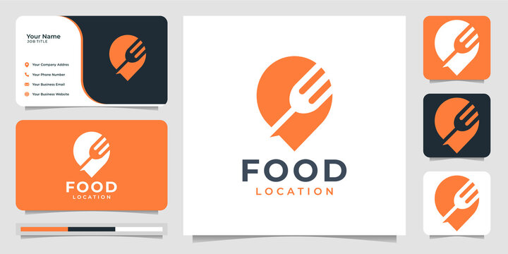 food location logo.concept pin with silhouette of fork vector template and business card design. premium vector