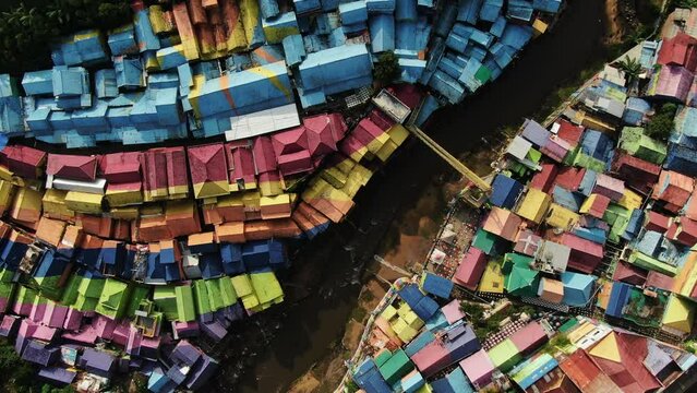 Scenic Aerial View of Colorful Village (Kampung Warna Warni) Jodipan and Tridi Village, Malang East Java, Indonesia, Asia