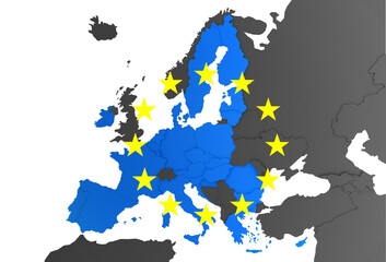 Europakarte mit EU Staaten in blau und restliche Staaten in dunkelgrau. Inkl. Europaflaggensterne