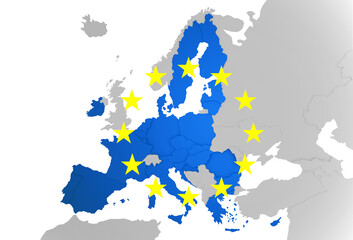 Europakarte mit EU Staaten in blau und restliche Staaten in hellgrau. Inkl. Europaflaggensterne