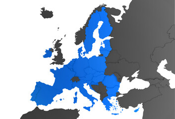 Europakarte mit EU Staaten in blau und restliche Staaten in dunkelgrau