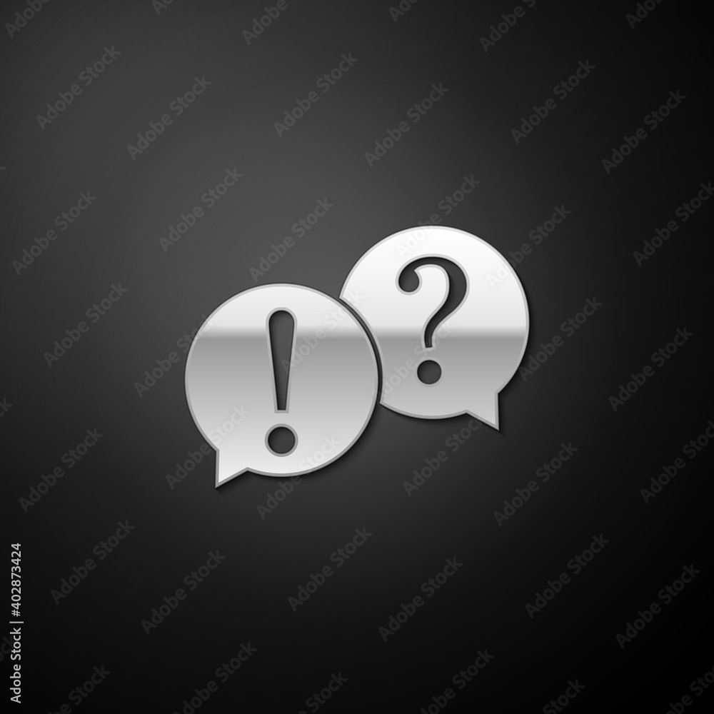 Poster silver speech bubbles with question and exclamation marks icon isolated on black background. faq sig