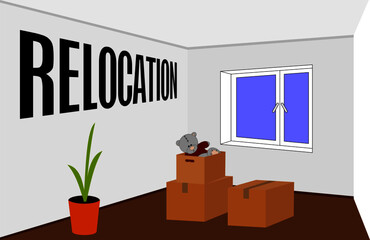 Resettlement, migration. Vector illustration of a room with packed things in boxes when relocation