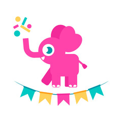 Birthday party illustration with cartoon pink elephant, colorful flags, confetti isolated on white backdrop. Perfect for greeting, invitation card, banner design template, kids birthday party poster
