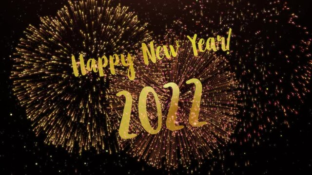 2022 Happy New Year greeting text with particles and sparks on black night sky with colored slow motion fireworks on background, beautiful typography magic design.