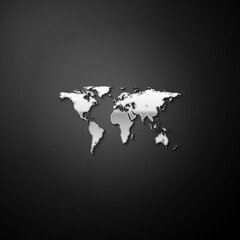 Silver World map icon isolated on black background. Long shadow style. Vector.