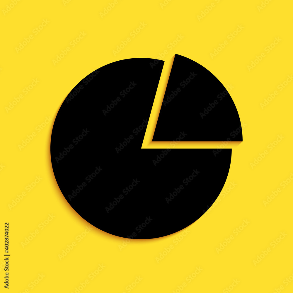 Poster black pie chart infographic icon isolated on yellow background. presentation graph sign. diagram cha
