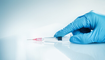 Doctor's hand with glass syringe with a needle on blue. copy space. Medication safe consumption and...