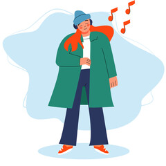 Fototapeta na wymiar girl in a coat listens to music with headphones, enjoying music. listening to music or audiobook with headphones