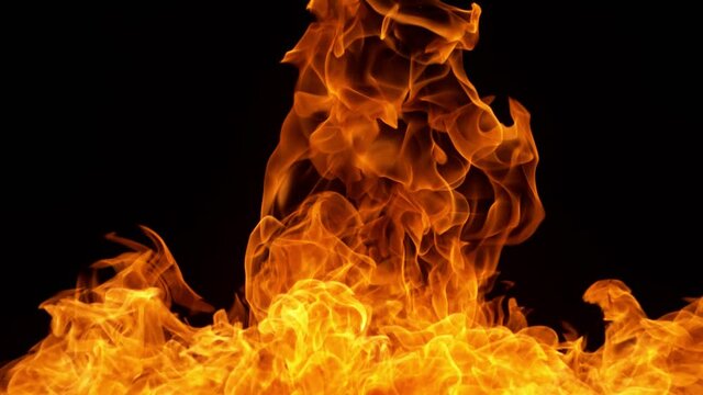Super slow motion of fire blast isolated on black background. Filmed on high speed cinema camera Phantom VEO 4k, 1000 fps