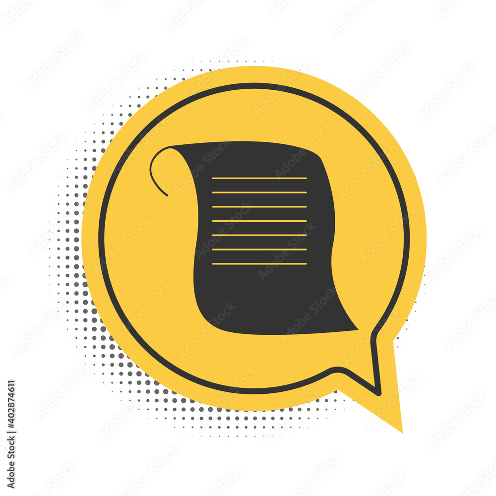 Poster black paper scroll icon isolated on white background. canvas scroll sign. yellow speech bubble symbo