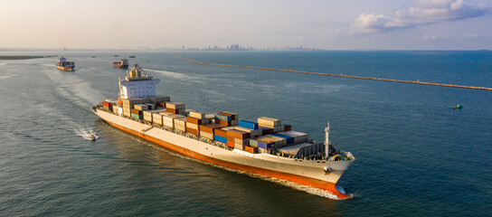 Aerial view container ship in ocean, Global business logistic industry company commercial import...