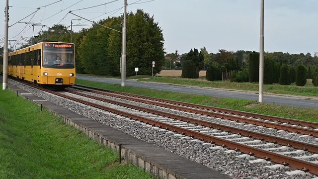 An electric tram runs next to a street during twilight. There are trees and bushes in the background.