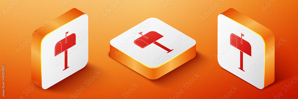 Poster isometric mail box icon isolated on orange background. mailbox icon. mail postbox on pole with flag.