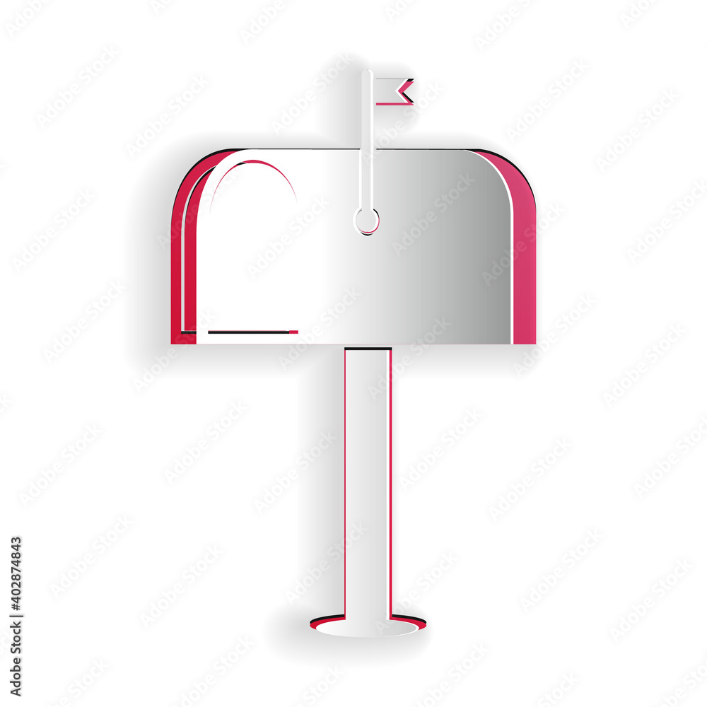 Poster paper cut mail box icon isolated on white background. mailbox icon. mail postbox on pole with flag. 