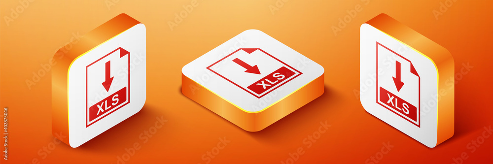 Poster isometric xls file document icon. download xls button icon isolated on orange background. orange squ