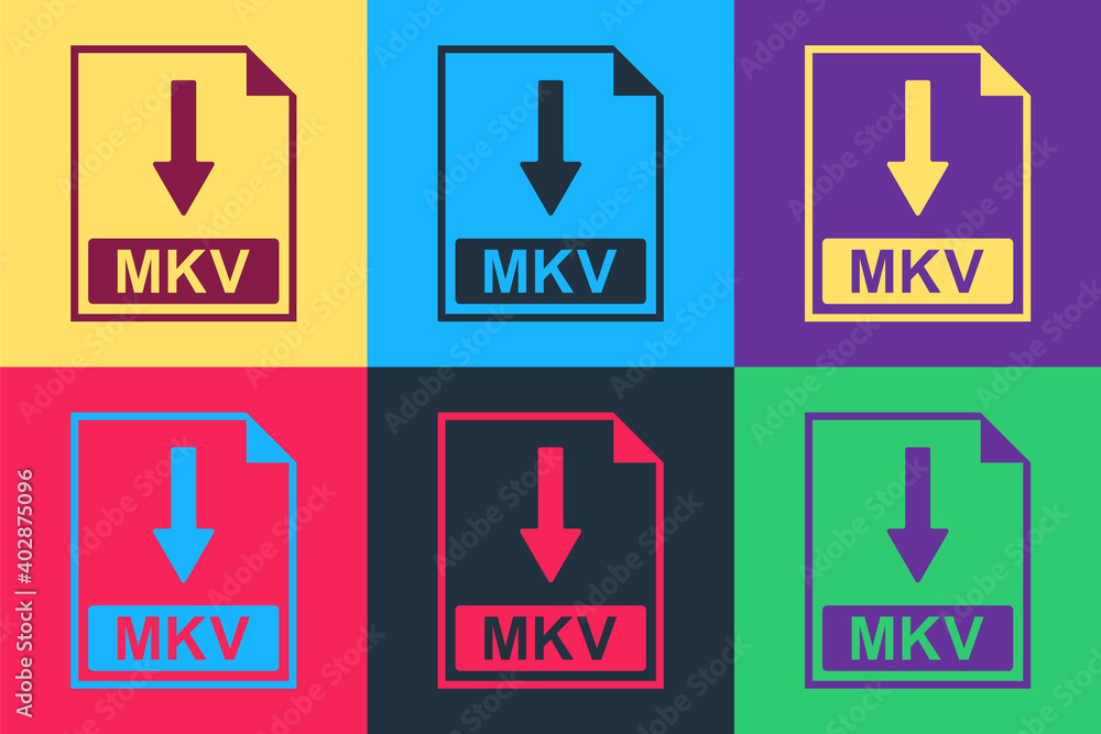 Poster pop art mkv file document icon. download mkv button icon isolated on color background. vector.