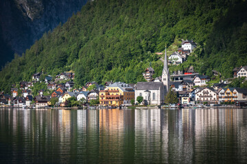 Fototapeta na wymiar view of hallstatt from boat, austria, reflection