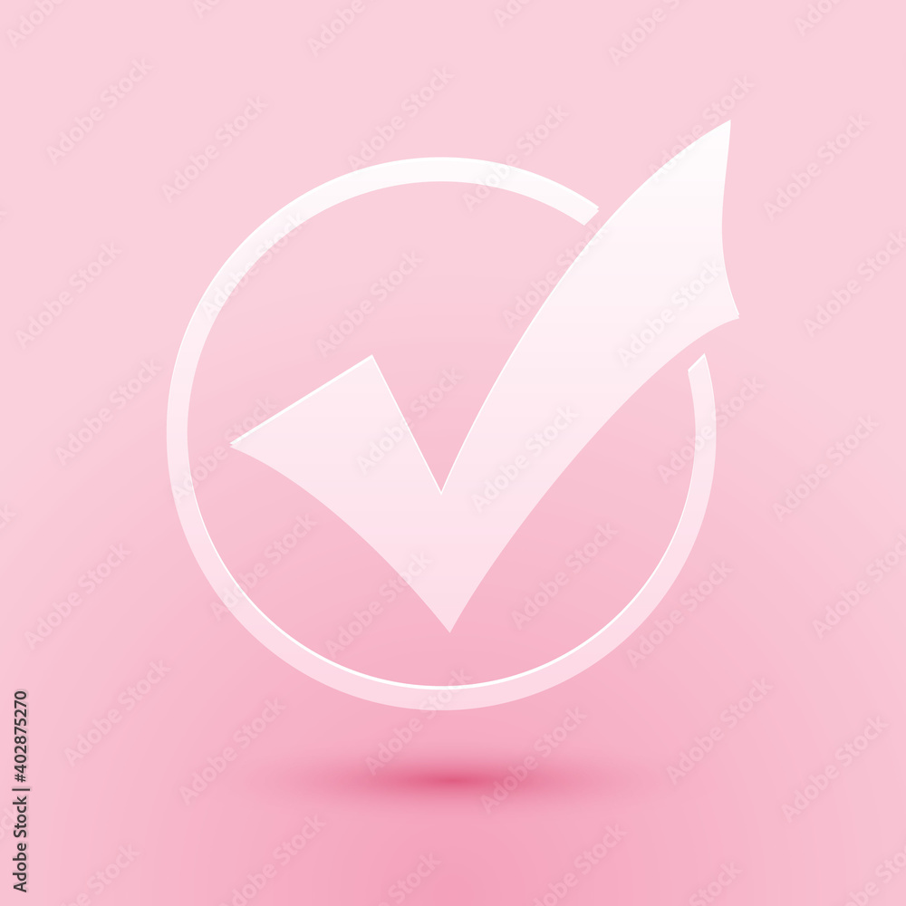 Poster paper cut check mark in round icon isolated on pink background. check list button sign. paper art st