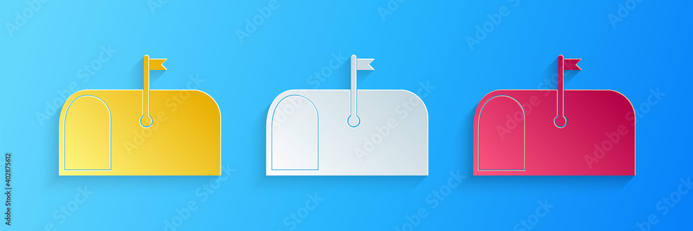Poster paper cut mail box icon isolated on blue background. mailbox icon. mail postbox on pole with flag. p