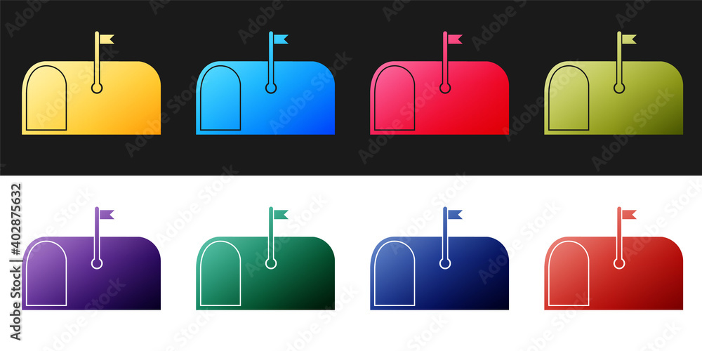 Poster set mail box icon isolated on black and white background. mailbox icon. mail postbox on pole with fl