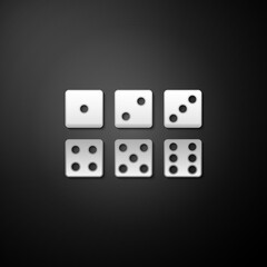 Silver Set of six dices icon isolated on black background. Long shadow style. Vector.