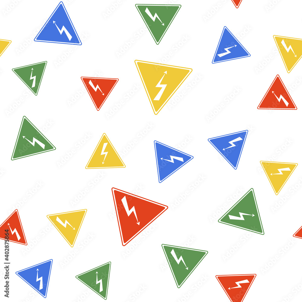 Poster color high voltage sign icon isolated seamless pattern on white background. danger symbol. arrow in 