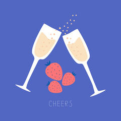 Two glasses of champagne with bubbles and red strawberries on a blue background. Greeting festive card 