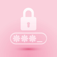 Paper cut Password protection and safety access icon isolated on pink background. Lock icon. Security, safety, protection, privacy concept. Paper art style. Vector.