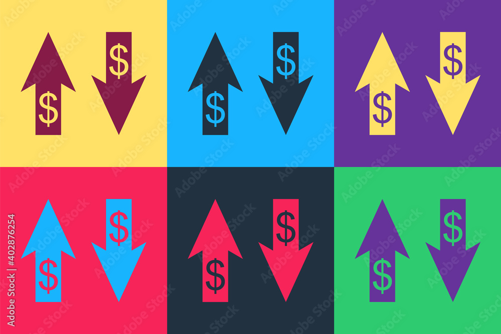 Aufkleber pop art up and down arrows with dollar symbol icon isolated on color background. business concept. v
