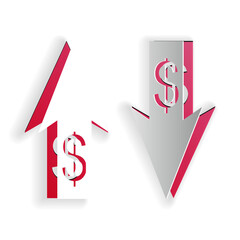 Paper cut Up and Down arrows with dollar symbol icon isolated on white background. Business concept. Paper art style. Vector.