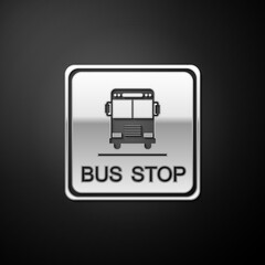 Silver Bus stop icon isolated on black background. Long shadow style. Vector.