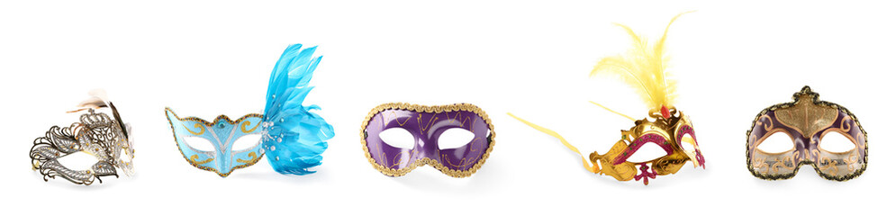 Set of beautiful carnival masks on white background. Banner design