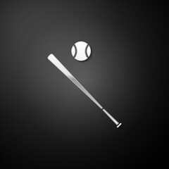 Silver Baseball ball and bat icon isolated on black background. Long shadow style. Vector.