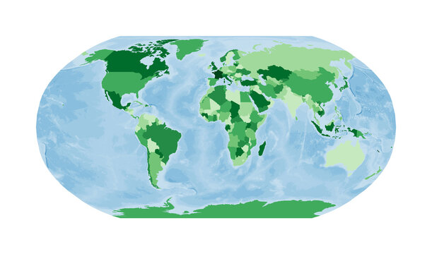 World Map. Robinson projection. World in green colors with blue ocean. Vector illustration.