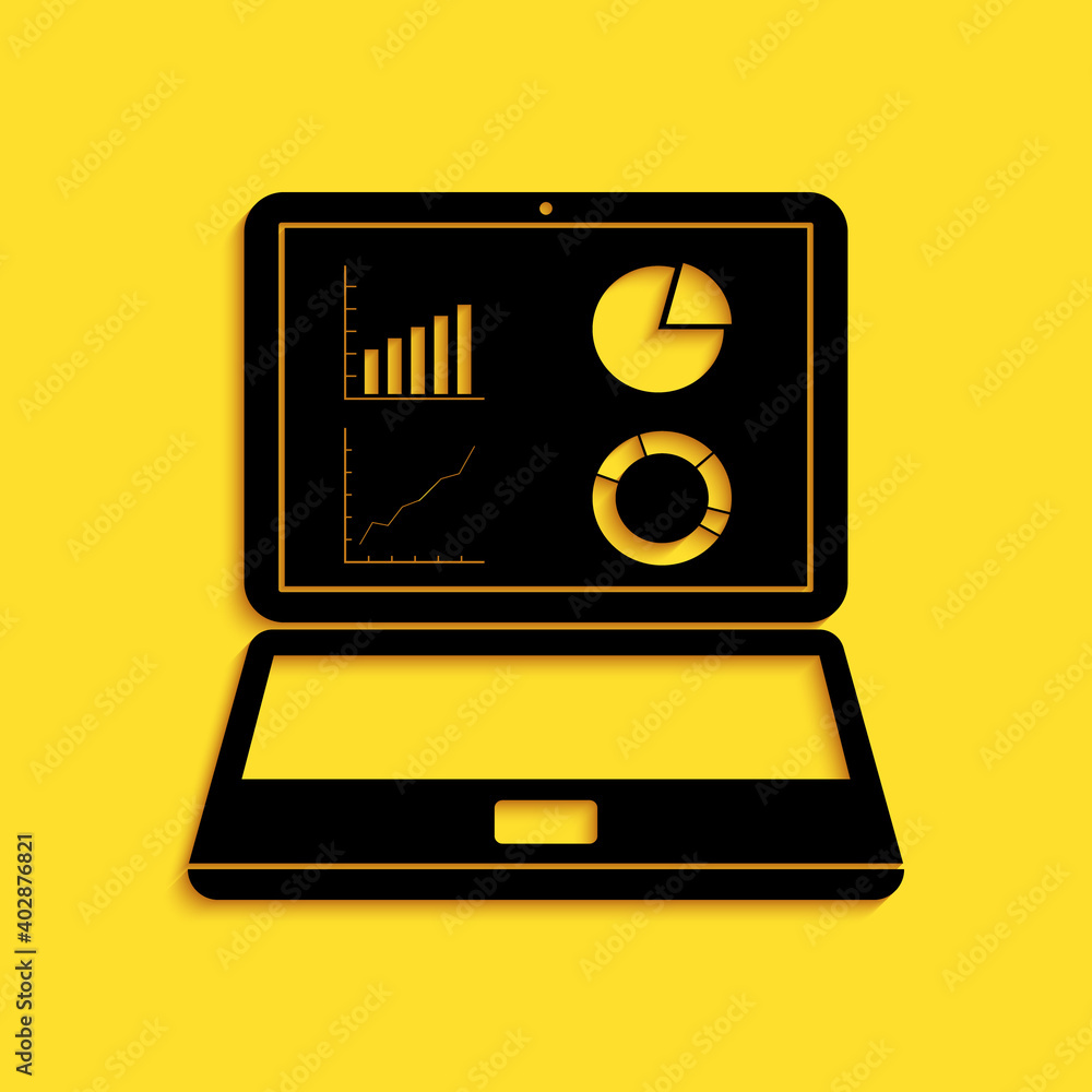 Poster black laptop with graph chart icon isolated on yellow background. report text file icon. accounting 