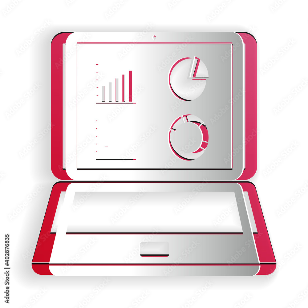 Poster paper cut laptop with graph chart icon isolated on white background. report text file icon. accounti