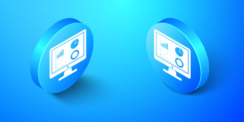 Isometric Computer monitor with graph chart icon isolated on blue background. Report text file icon. Accounting sign. Audit, analysis, planning. Blue circle button. Vector.