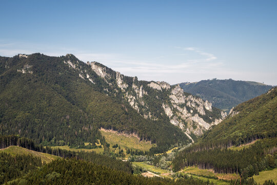 Rocky mountains know as Tiesnavy and Vratna Dolina valley in Natural park Mala Fatra, Slovakia. Beautiful view at mountain and forest with clear sky at summer