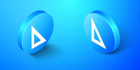 Isometric Triangular ruler icon isolated on blue background. Straightedge symbol. Geometric symbol. Blue circle button. Vector.