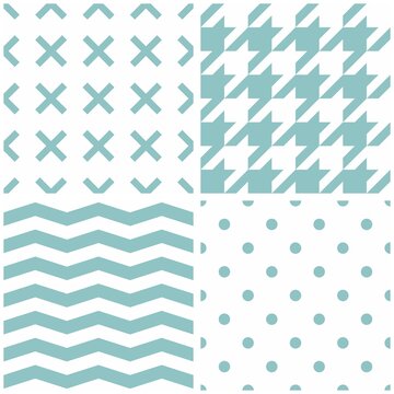 Tile vector pattern set with mint green polka dots, x cross, houndstooth, zig zag stripes on a white background