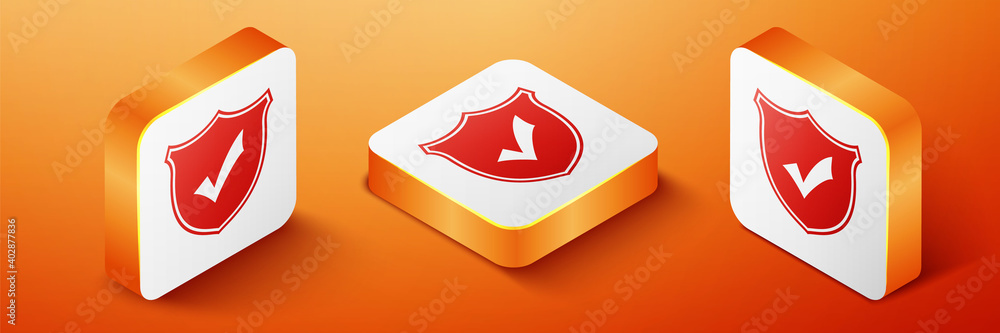 Poster isometric shield with check mark icon isolated on orange background. orange square button. vector.