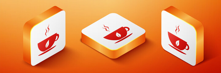 Isometric Cup of tea and leaf icon isolated on orange background. Orange square button. Vector.
