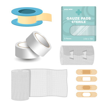 Medical set equipment for emergency bandages, tape adhesive medical concept