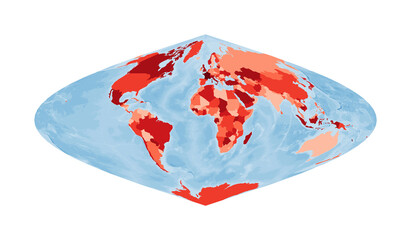 World Map. Sinusoidal projection. World in red colors with blue ocean. Vector illustration.