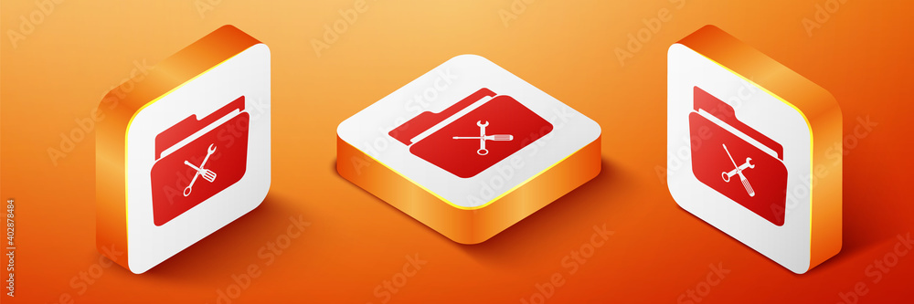 Poster isometric folder and tools or settings icon isolated on orange background. folder with wrench and sc