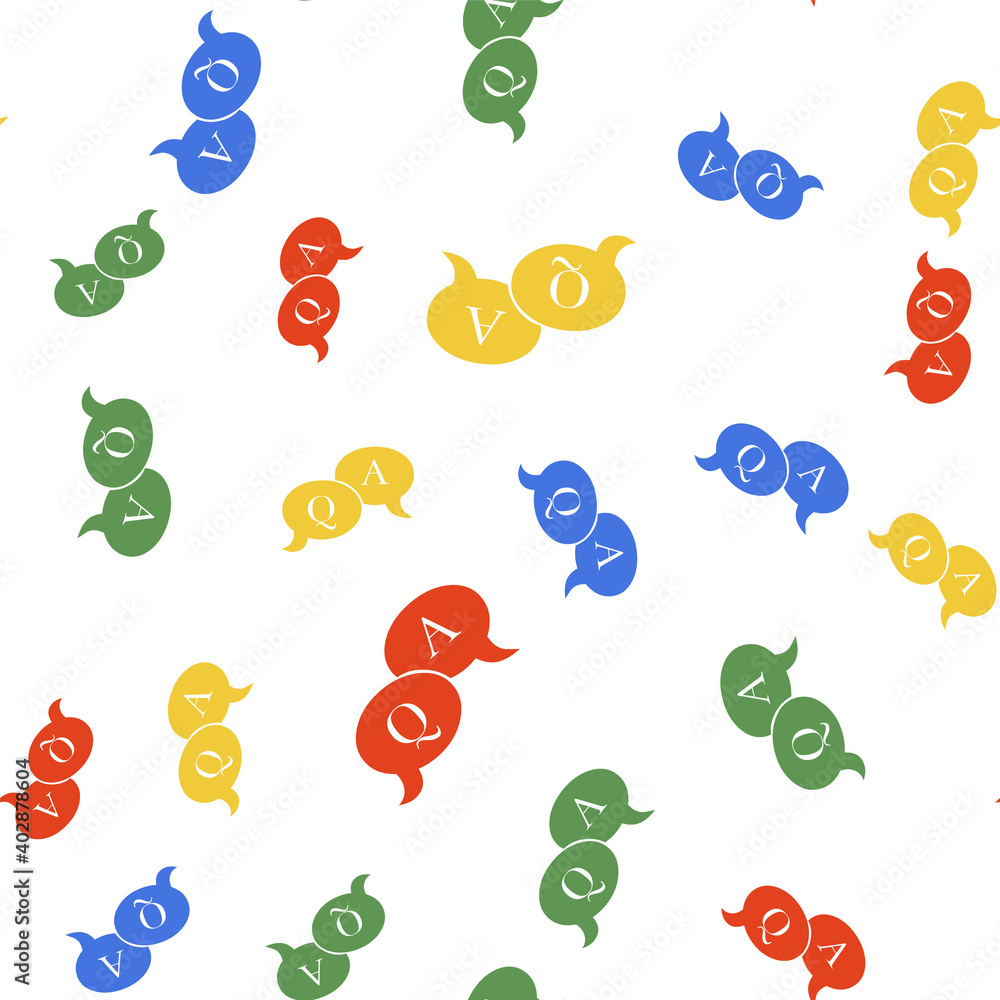 Poster color question and answer mark in speech bubble icon isolated seamless pattern on white background. 