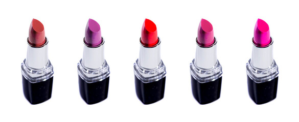 Obraz premium Five Tubes of Different Colored Lipsticks on a White Background