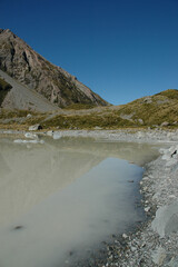 Mountains reflect in Hooker Lake New Zealand